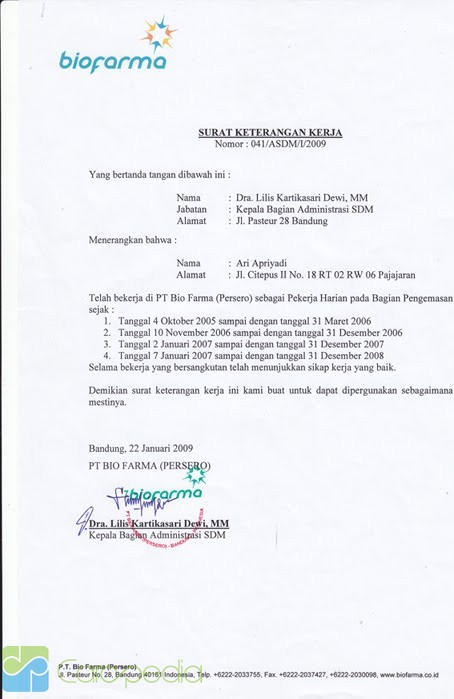 Contoh Surat Keterangan Kerja Perusahaan - Surat - CARApedia